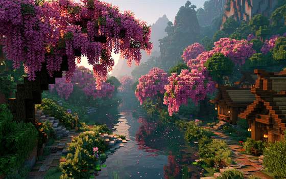 染尽 · 花溪主题背景：紫色花树夹岸的溪流